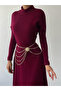 Women's Burgundy Turtleneck Long Sleeve Elastic Waist Midi Flared Dress - 5