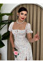 Women's White Midi Dress Square Neck Balloon Sleeves Floral Patterned Slit Poplin - 3