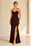 Women's Plum Glitter Halter Neck Back Tie Slit Long Evening Dress - 2
