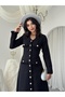 Women's Black Button Detailed V-Neck Long Sleeve Chanel Textured Midi Dress - 3