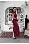 Women's Burgundy Midi Dress with Lace Cape Collar and Draped Slim Fit Event Dress - 8