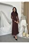 Women's Coffee Midi Dress Draped Gathered Tulle Long Sleeve High Collar - 5