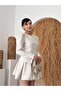 Women's White Skirt Jacket Set with Gold Buttons, Balloon Sleeves, Flared Mini Skirt - 7