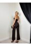Women's Coffee Color Top and Bottom Set Strapless Draped Blouse and High Waist Wide Leg Pants Set - 4