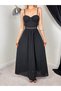 Women's Black Maxi Dress with Straps, Heart Collar, Scallop Detail, Tie Back, and Flared Hem - 4