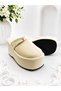 Nara Women's Beige Warm Fur Gold Buckle Closed Toe Wedge Heeled Platform Slippers - 4