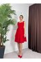 Women's Red Strappy Square Neck Gathered Back Lace-Up Waist Fitted Midi Dress - 4