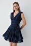Navy Blue V-Neck Stoned Draped Mini Evening Dress - 5