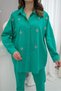 Women's Green Top and Bottom Set with Stone Detail, Shirt Collar, Buttoned Linen Shirt and Trousers Set - 3