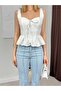 Women's White Heart Collar Bow Detailed Flounce Peplum Strap Woven Blouse - 4