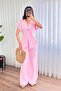 Women's Pink Bottom-Top Set Linen Double Set Single Button V-Neck Lace-Up Wide Leg - 4