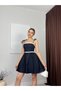 Women's Navy Blue Strappy Square Neck Lace Detailed Denim Mini Dress - 4