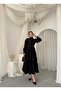 Women's Black Midi Dress with Stand Collar, Ruffle Detail, Belted, Buttoned, Lace Trim - 5