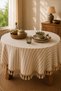 Striped Linen Tassel Round Tablecloth Natural - Vintage Bohemian Country Living Room Kitchen Tablecloth
