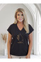 Women's Black V-Neck Plus Size Cotton Trendy Printed Special Collection T-Shirt - 6