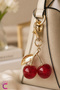 Red Cherry and Gold Leaf Bag Ornament Keychain Metal - Stylish Gift for Women Car Bag Charm