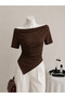 Women's Boat Neck Side Gathered Asymmetrical Hem Stylish Blouse - 5