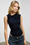 Orilenna Women's Front Knot Detailed Bodycon Zero Sleeve Slim Fit Navy Blue Blouse