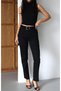Women's Black Belted High Waist Belted Straight Leg Cut-Out Detailed Black Jean Trousers