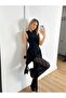 Women's Black Lace Long Sleeveless High Neck Asymmetrical Hem Long Jumpsuit - 3
