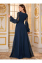 Navy Blue Embellished A-Line Maxi Evening Dress - 2