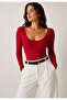 Women's Burgundy Round Neck Long Sleeve Viscose Elastane Basic Blouse