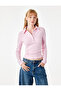 Cotton Buttoned Corset Detailed Polo Collar Long Sleeve T-Shirt
