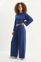Women's Flared Sleeves, Gathered Waist Top, Pleated Belted Loose Pants, Modal Navy Blue Set - 2