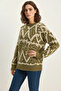 Women's Patterned Crew Neck Oversize Knitwear Green Sweater - 2