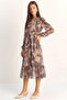 Women's Elastic Waist V-Neck Button Detailed Lined Patterned Chiffon Beige Dress - 2