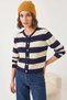 Women's Striped Knitwear Navy Blue Ecru Cardigan - 2