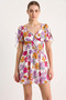 Women's Floral Patterned Mini Fuchsia Dress with Bow Detail - 7