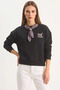 Women's Oversized Black Sweatshirt with Scarf Detail and Leopard Embroidery - 2