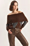 Women's Madonna Collar Diamond Patterned Knitwear Brown Anthracite Sweater - 6