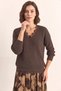 Women's V-Neck Lace Detailed Knitwear Bitter Brown Sweater - 5