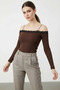 Women's Madonna Collar Lace Detailed Bitter Brown Blouse - 4