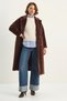 Women's Bearded Soft Textured Double-Breasted Collar Lined Brown Coat with Belt and Pocket Detail - 8