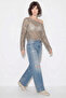 Women's Boat Neck Sequined Mesh Textured Bat Sleeve Crop Beige Blouse - 3
