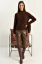 Women's Crew Neck Raglan Sleeve Knitted Patterned Soft Textured Knitwear Bitter Brown Sweater - 2