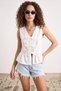 Women's V-Neck Bow Detailed Muslin Peplum White Blouse - 4