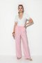 Women's Elastic Waist, Tie-Up, Pocketed, Wide Leg Pink Trousers - 2