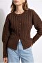7042 Women's Soft Textured Ribbed Buttoned Knitwear Cardigan Brown - 2