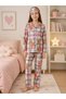 Girl's Cotton Suede Fabric Pink Teddy Bear Plaid Pattern Shirt Collar Winter Pajamas with Sleeping Band Black Piping
