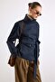 High Collar Epaulet Detailed Water Repellent Short Trench Coat Dark Blue 6883 - 6