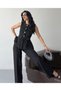 Women's Belt Detailed Gold Buttoned Vest Trouser Suit Black - 3