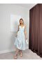 Women's Patterned Thin Strap Midi Dress with Gathered Waist Tie Detail - 5