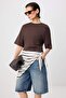 Brown Plain Regular Crew Neck Short Shawl Detailed 100% Cotton Knitted T-Shirt Twoss26Ts00192