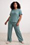 Yeşil Bel Bağlama Detaylı Waffle Örme Pijama Takımı TBBAW27AI00019 - 2