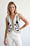 Women's White Button Detailed Embroidered Linen Vest