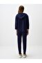 Navy Blue Loose Fit Three Quarter Sleeve Hooded Knitted Sweatshirt - 6